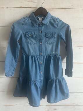 bebe Girls Tiered Denim Shirtdress with Rhinestone Logo